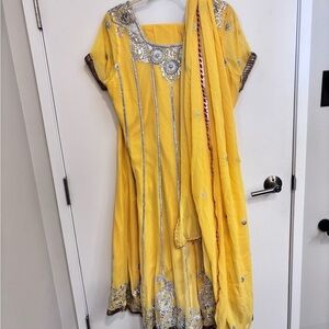 Yellow anarkali suit with Silver Accents